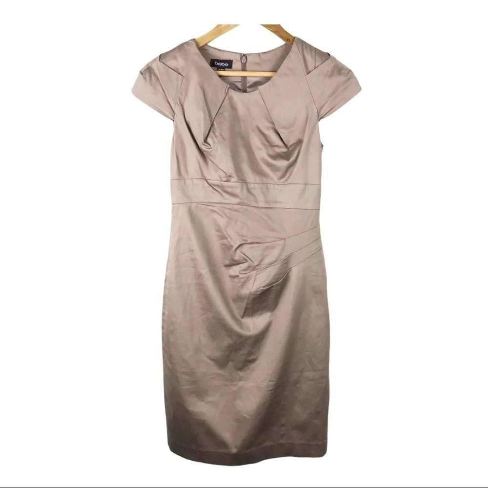 Bebe Tan Sheath Dress Size XS Womens Short Sleeve Pleated Cocktail Workwear